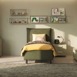 Letto singolo contenitore in tessuto imbottito Verde Bosco disponibile in 5 colori