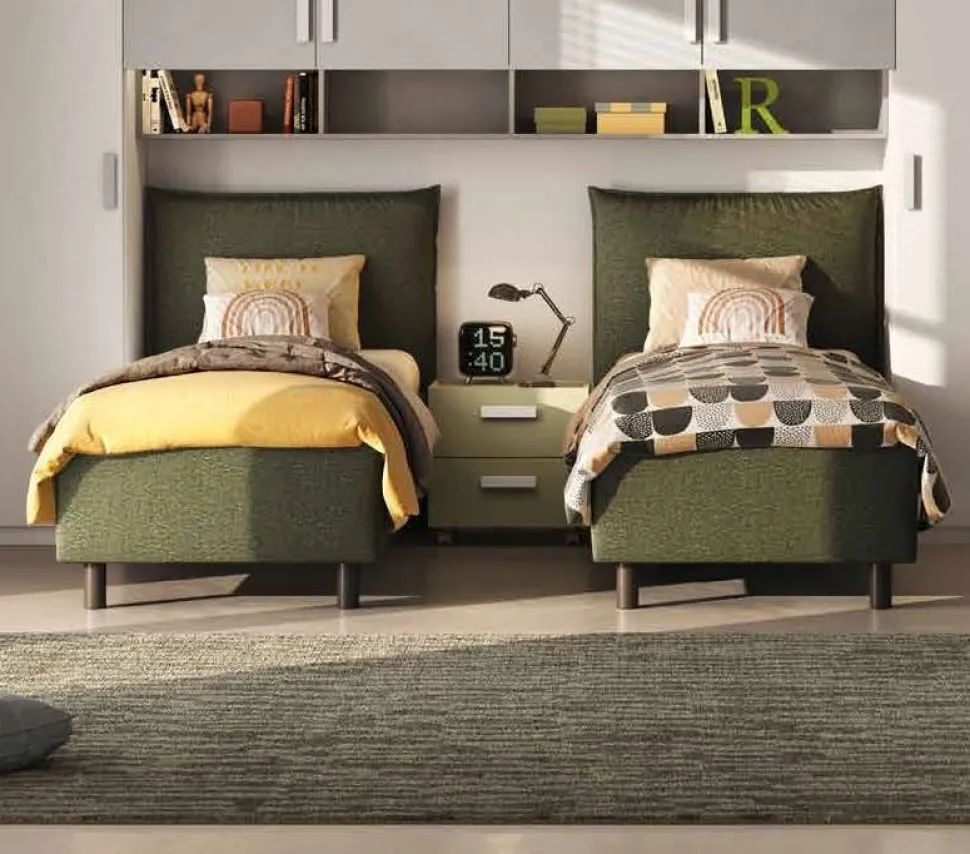 Letto singolo contenitore in tessuto imbottito Verde Bosco disponibile in 5 colori