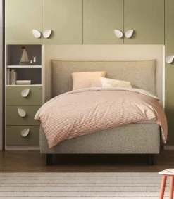 Letto singolo contenitore in tessuto imbottito Verde Bosco disponibile in 5 colori