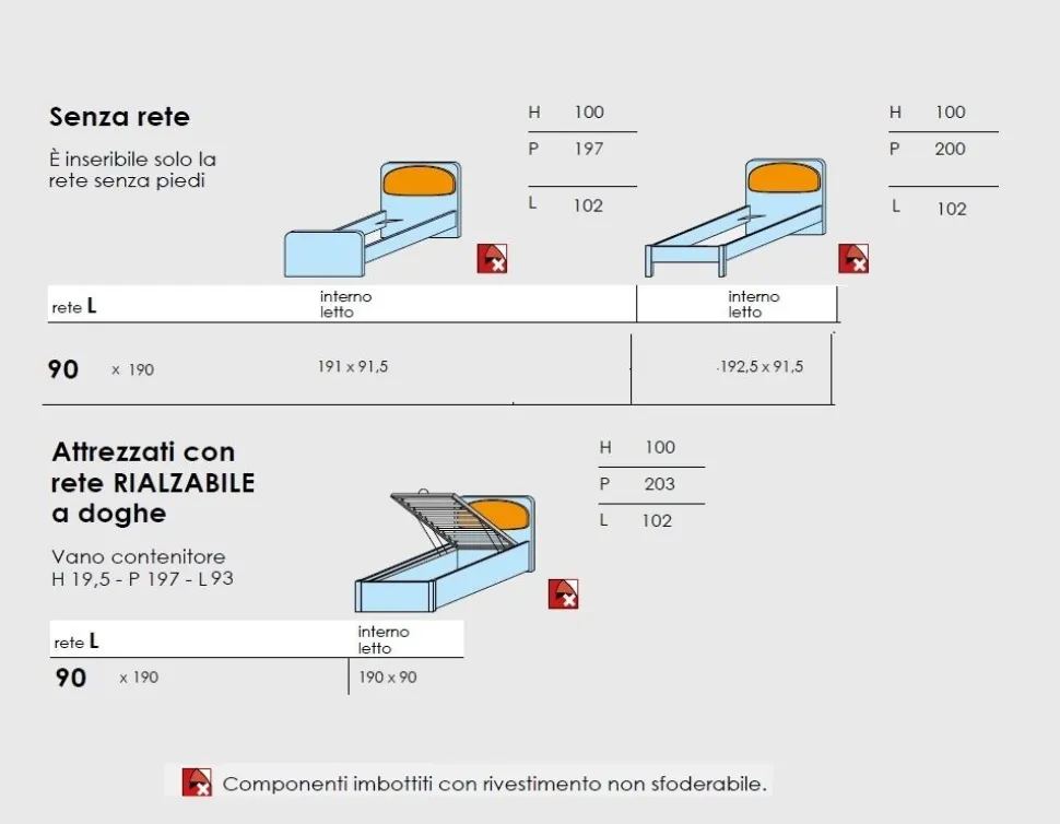 Letto singolo con testiera con cuscino disponibile in 3 versioni e 26 colorazioni linea Airone