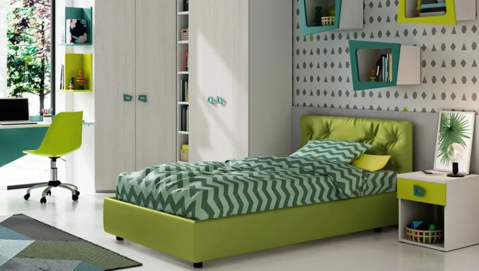 Letto Singolo imbottito in tessuto Ron disponibile in vari colori
