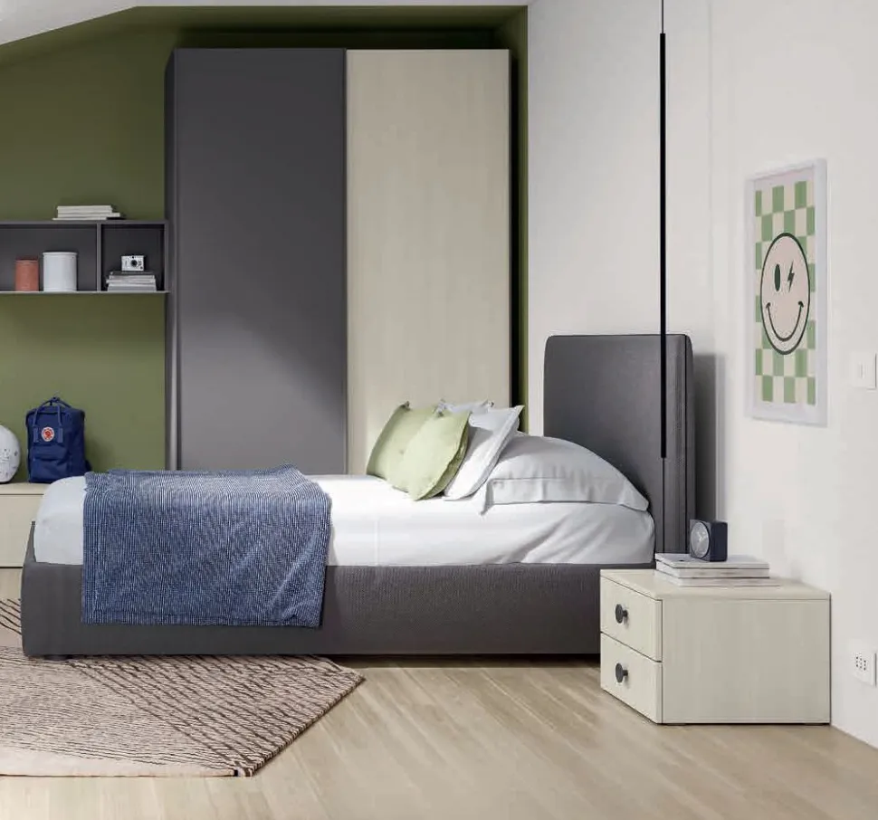 Letto Singolo imbottito in tessuto Dani disponibile in vari colori