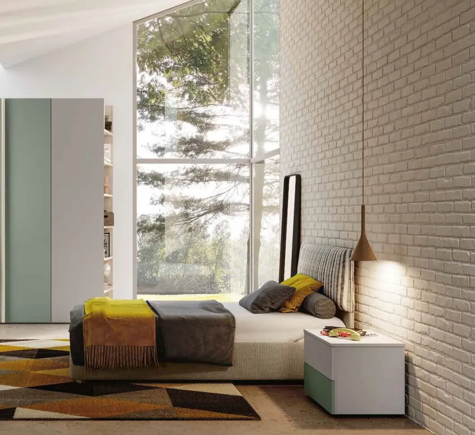 Letto singolo moderno con testiera in tessuto a righe e struttura imbottita Beige