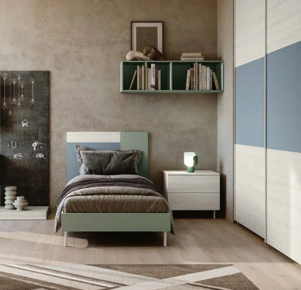 Letto singolo moderno in legno Bianco Frassino, Verde agave e Zucchero con testiera bicolore disponibile in 4 misure e vari colori