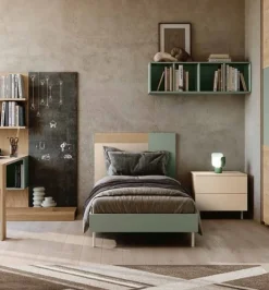 Letto singolo moderno in legno Bianco Frassino, Verde agave e Zucchero con testiera bicolore disponibile in 4 misure e vari colori