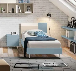 Letto singolo moderno in legno Bianco Frassino, Verde agave e Zucchero con testiera bicolore disponibile in 4 misure e vari colori