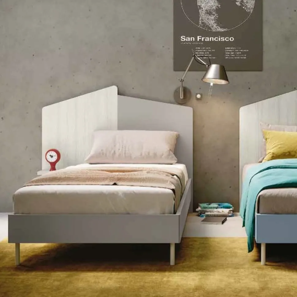 Letto singolo moderno in legno Bianco Frassino e Grigio con testiera asimmetrica bicolore disponibile in 4 misure e vari colori