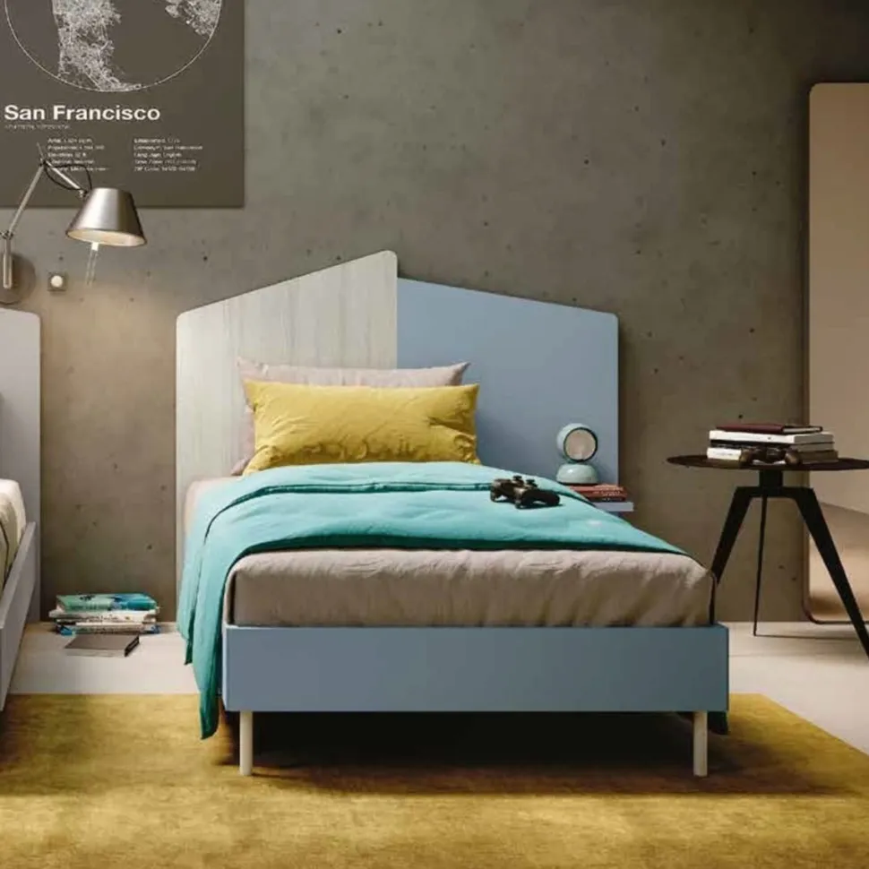 Letto singolo moderno in legno Bianco Frassino e Grigio con testiera asimmetrica bicolore disponibile in 4 misure e vari colori
