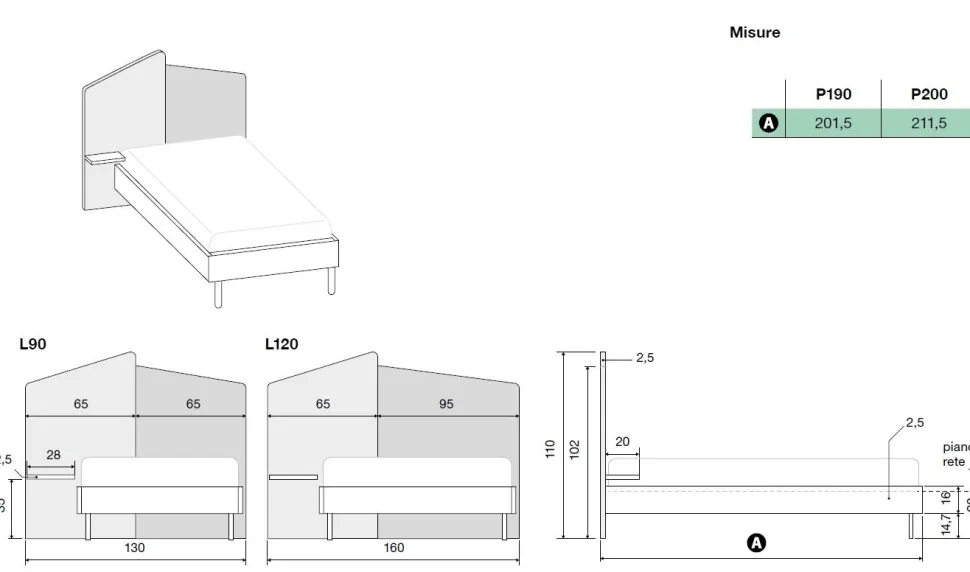Letto singolo moderno in legno Bianco Frassino e Grigio con testiera asimmetrica bicolore disponibile in 4 misure e vari colori