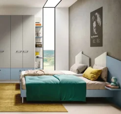 Letto singolo moderno in legno Bianco Frassino e Grigio con testiera asimmetrica bicolore disponibile in 4 misure e vari colori