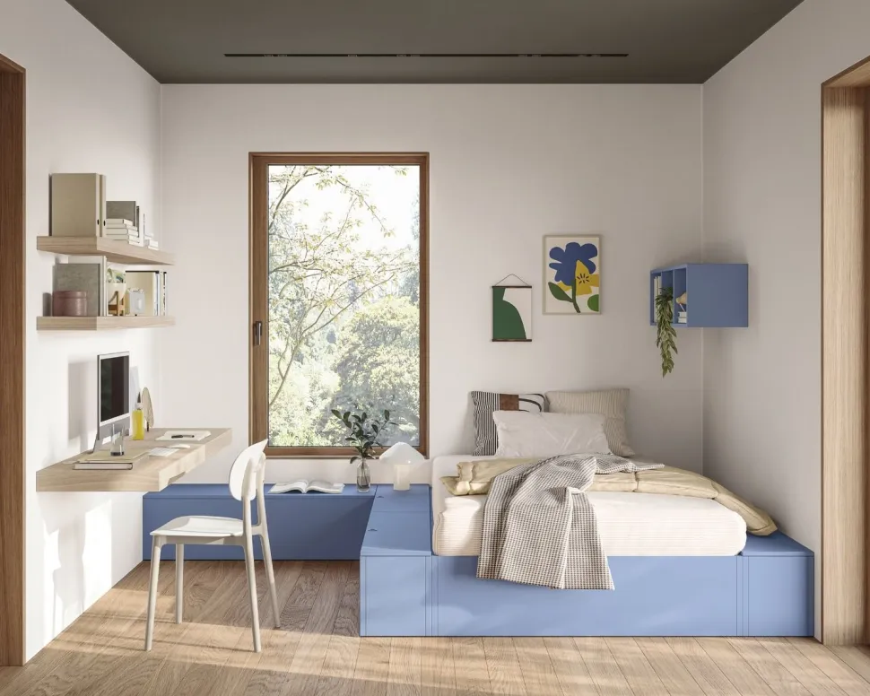 Letto singolo salvaspazio linea Airone con rete contenitore a doghe