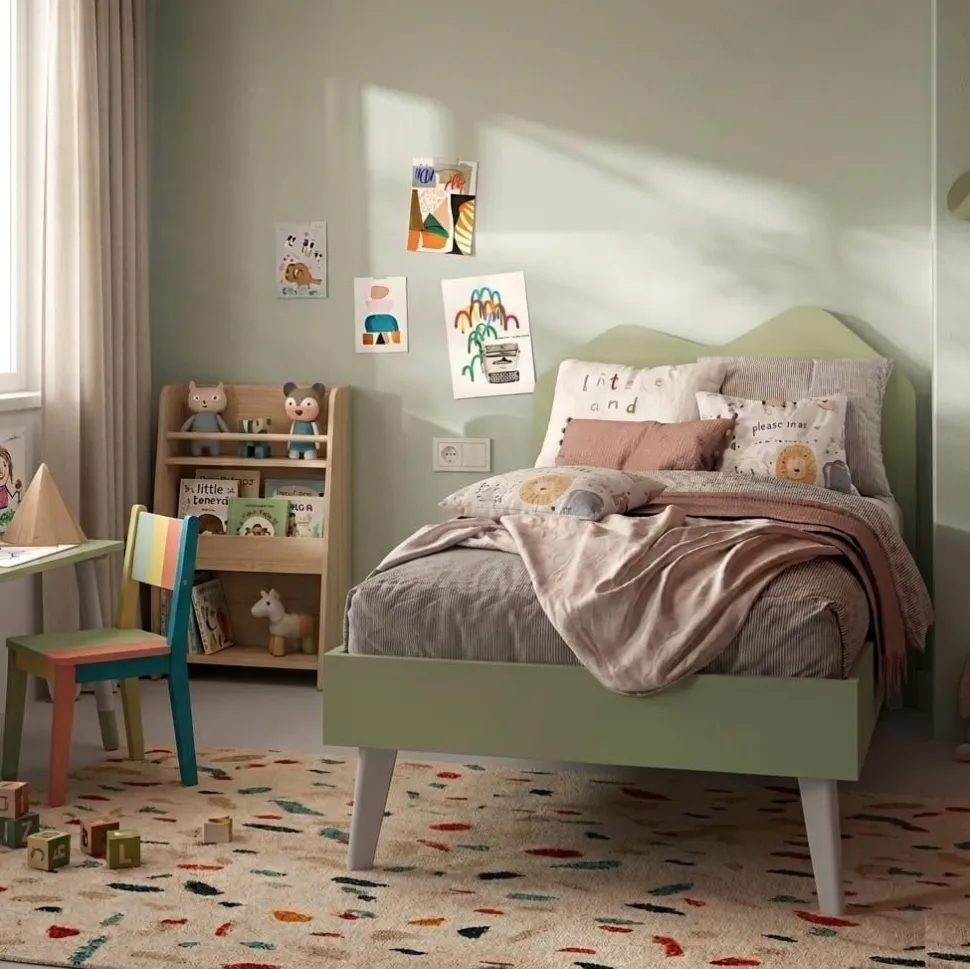Letto una piazza e mezza con struttura in legno e testiera Sagomata disponibile in 4 colori