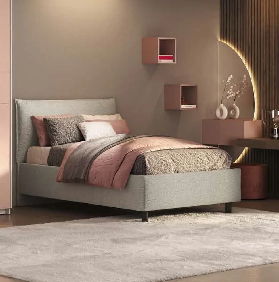 Letto una piazza e mezza in tessuto imbottito con vano contenitore disponibile in 5 colori