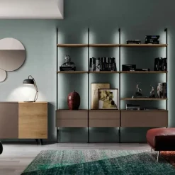 Libreria a muro moderna con pali in alluminio componibile con mensole,cassetti e pensili disponibile in vari colori