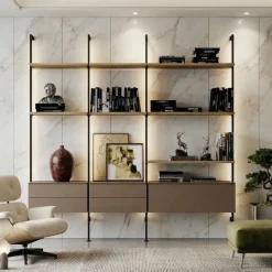 Libreria a muro moderna con pali in alluminio componibile con mensole,cassetti e pensili disponibile in vari colori