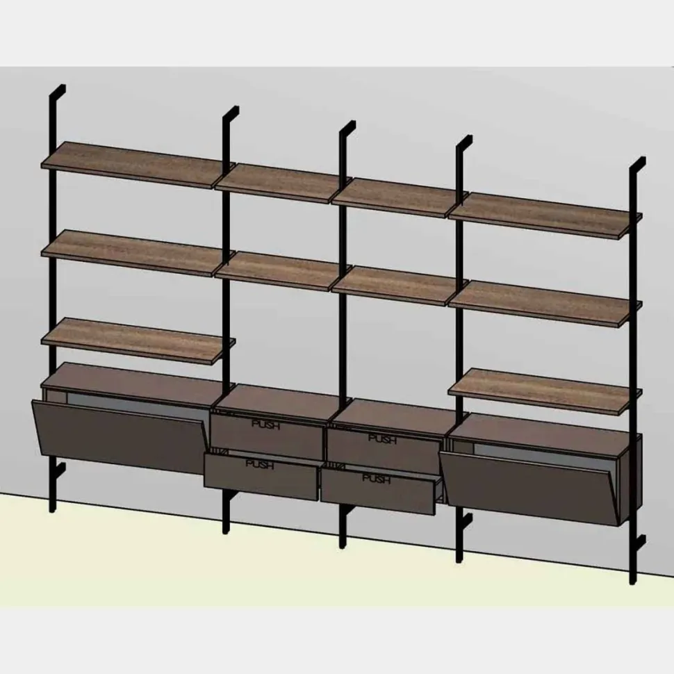 Libreria a parete con pali in alluminio moderna componibile con cassetti disponibile in vari colori