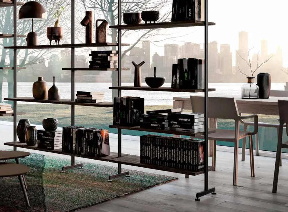 Libreria a parete con pali in alluminio moderna componibile con cassetti disponibile in vari colori L250
