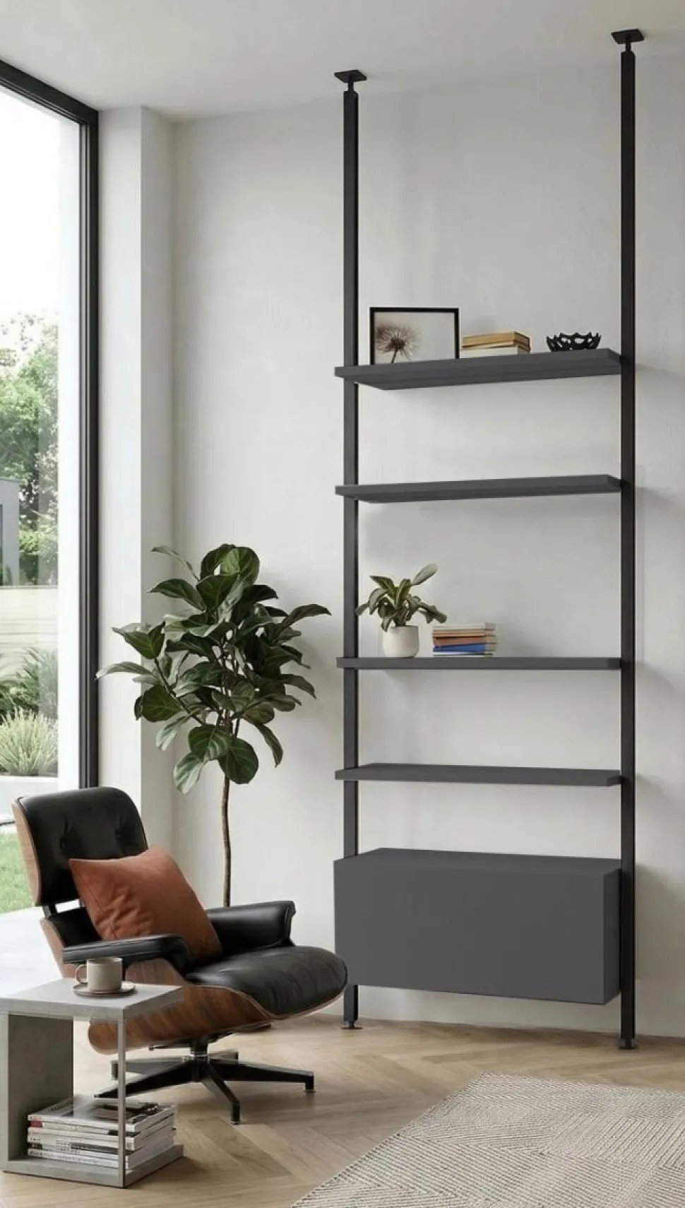 Libreria a soffitto moderna con pali in alluminio ardesia, mensole e pensili grigio titanio