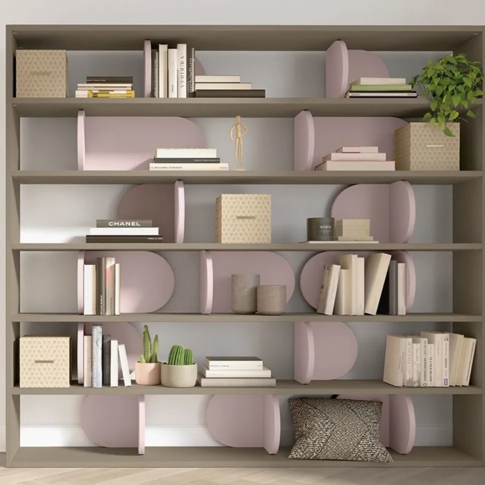 Libreria componibile bifacciale con divisori colorati disponibile in 18 misure