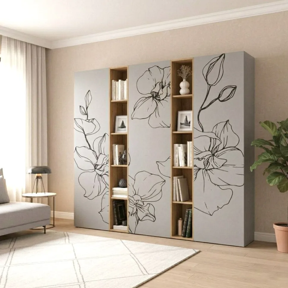 Libreria con ante a battente e vani a giorno dimensioni 221x186 h con grafica