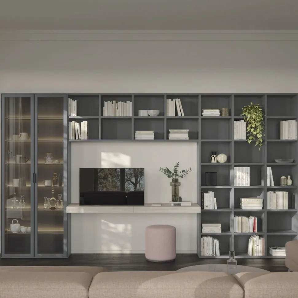 Libreria con ante in Vetro e scrivania sospesa disponibile in vari colori