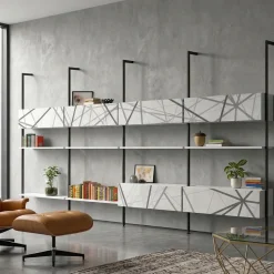 Libreria con palo in alluminio BIG con mensole e pensili personalizzabili e grafica