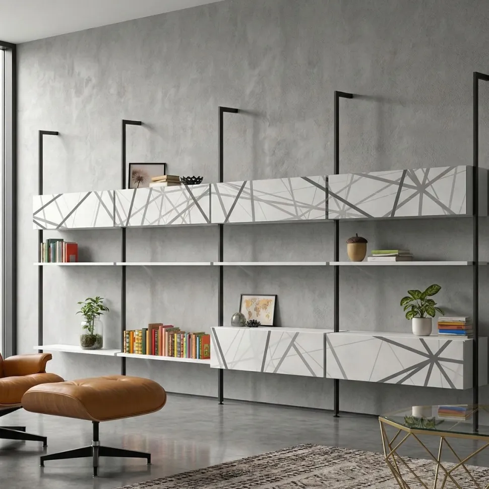 Libreria con palo in alluminio BIG con mensole e pensili personalizzabili e grafica