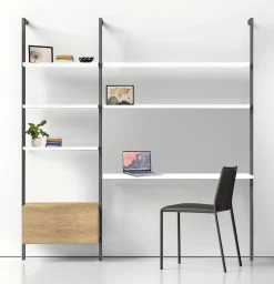 Libreria con palo in alluminio, mensole pensili e scrivania personalizzabile