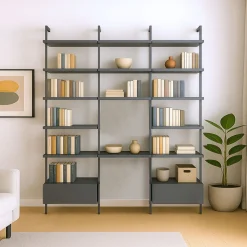 Libreria con palo in alluminio, mensole e pensili personalizzabile L 276.4cm