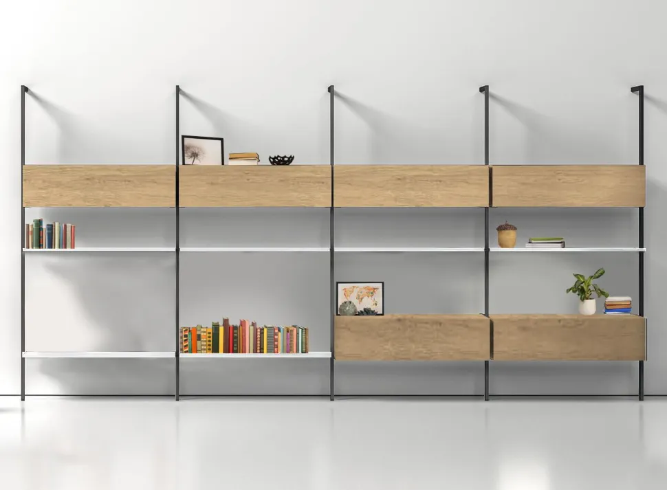Libreria da parete con palo in alluminio BIG con mensole e pensili personalizzabili