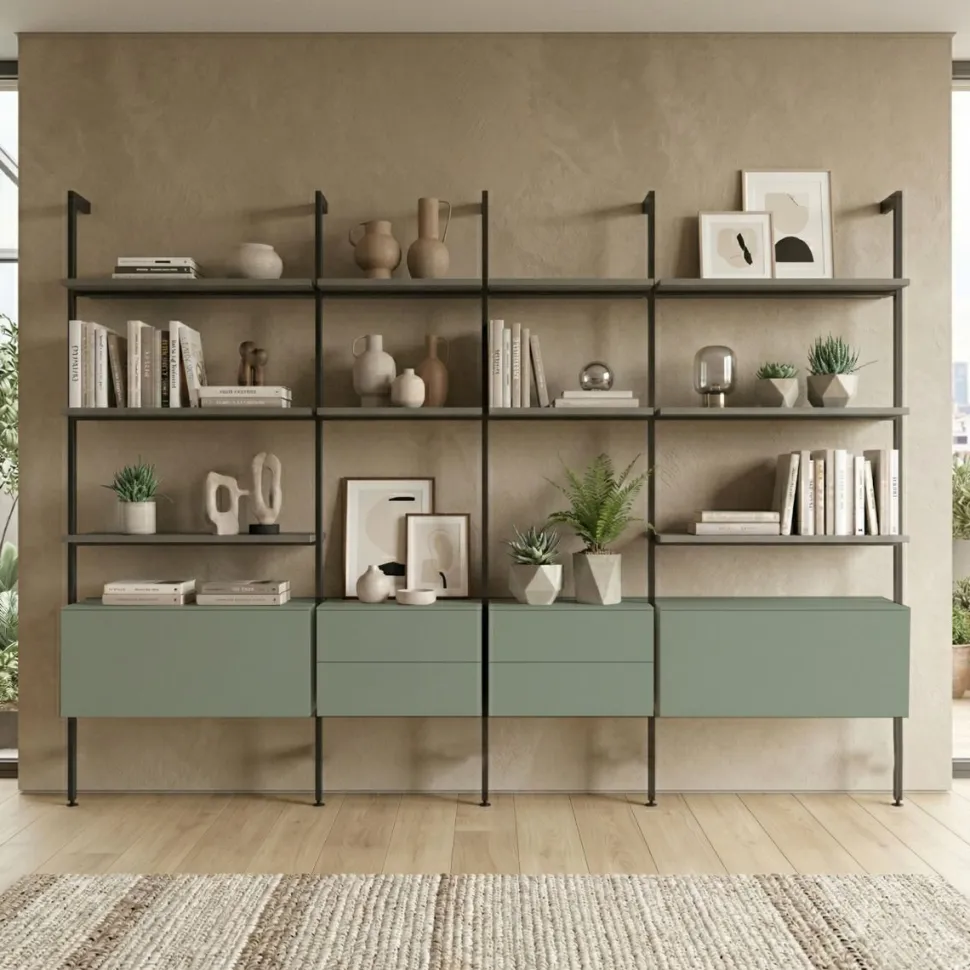 Libreria da Parete con Palo in Alluminio, Mensole e Pensili (Colori Personalizzabili)