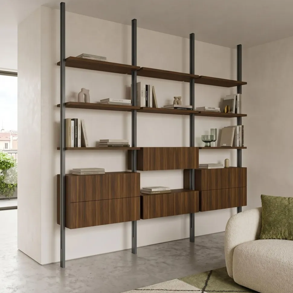 Libreria da Parete con Palo in Alluminio fissaggio a soffitto, Mensole e Pensili (Colori Personalizzabili)
