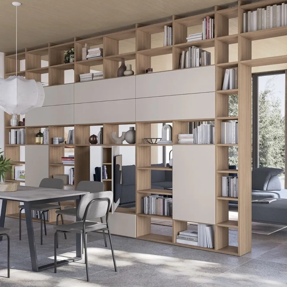 Libreria divisoria modulare bifacciale Living con vano Tv girevole 180°