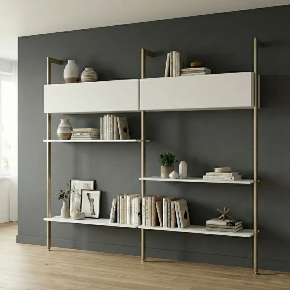 Libreria in alluminio con pali mensole e pensili personalizzabili