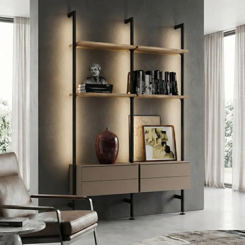 Libreria in metallo a muro moderna con pali in alluminio componibile con mensole e pensili disponibile in vari colori