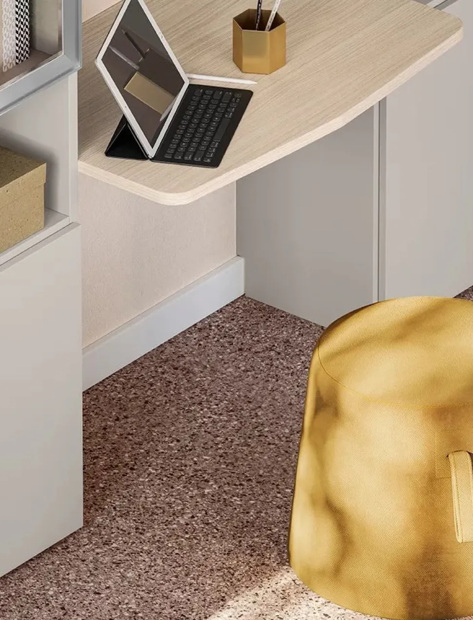 Libreria modulare con scrivania integrata e ante in vetro disponibile in vari colori