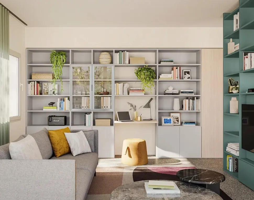 Libreria modulare con scrivania integrata e ante in vetro disponibile in vari colori