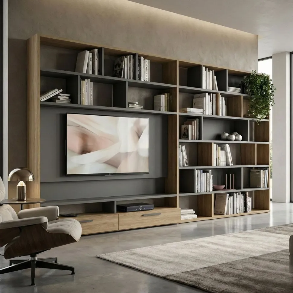 Libreria modulare con vano TV con illuminazione LED disponibile in vari colori