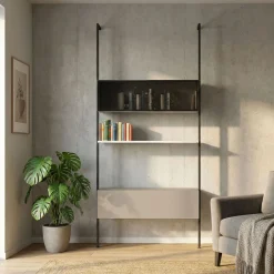 Libreria regolabile con palo in alluminio con pensili con anta in vetro e mensole
