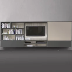 Libreria sospesa con vano TV e ante scorrevoli disponibile in vari colori