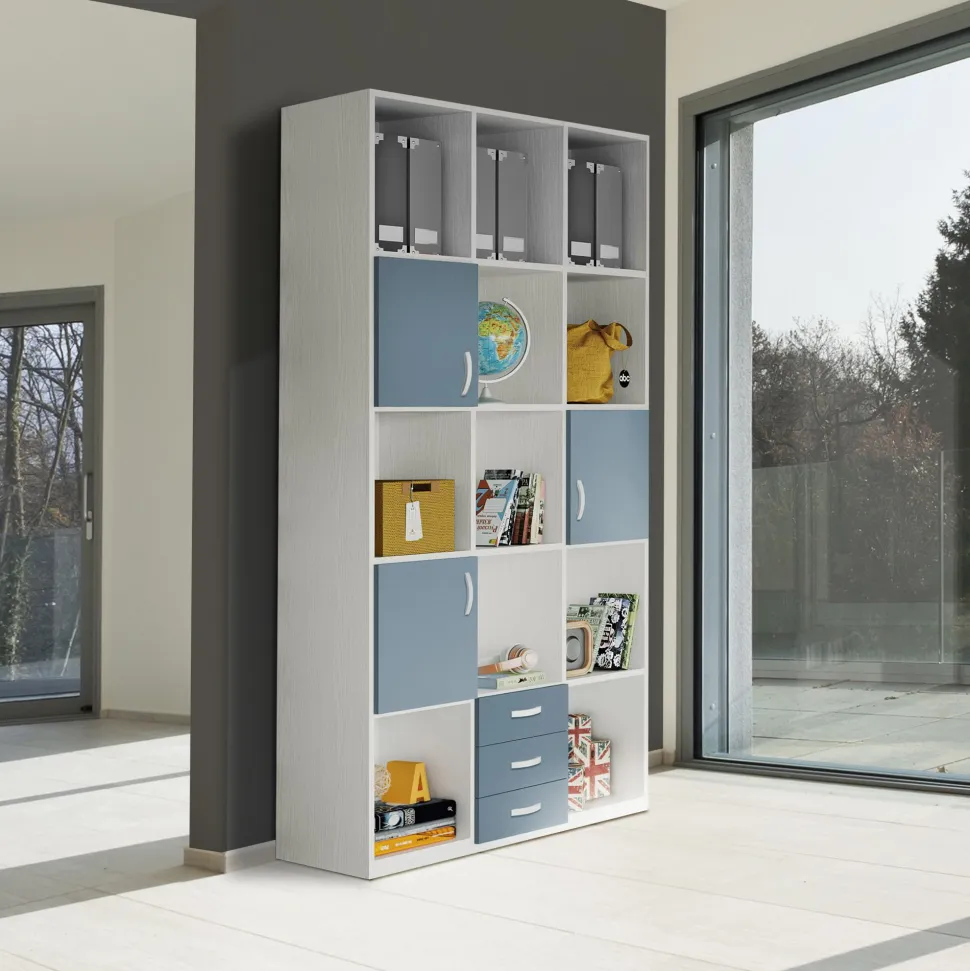 Libreria VOLO 3 linea fly bianco frassino e celeste avio