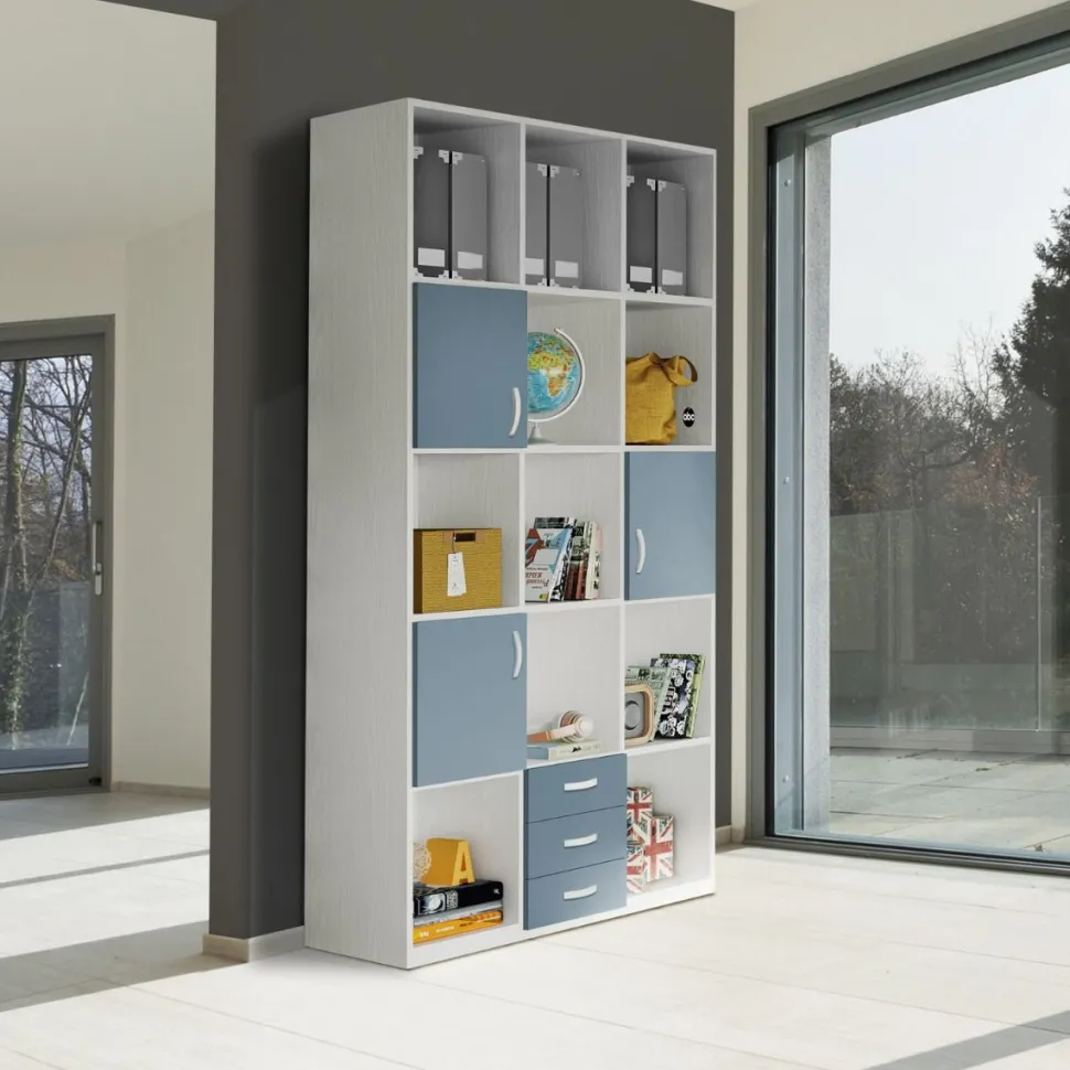 Libreria VOLO 3 linea fly bianco frassino e celeste avio