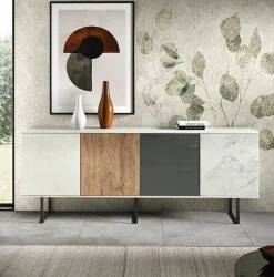 Madia Amber con Ante in Vetro - Linea Alba (Rovere Nordico, Bianco Calce e Marmo)