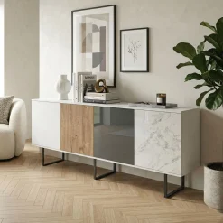 Madia Amber con Ante in Vetro - Linea Alba (Rovere Nordico, Bianco Calce e Marmo)
