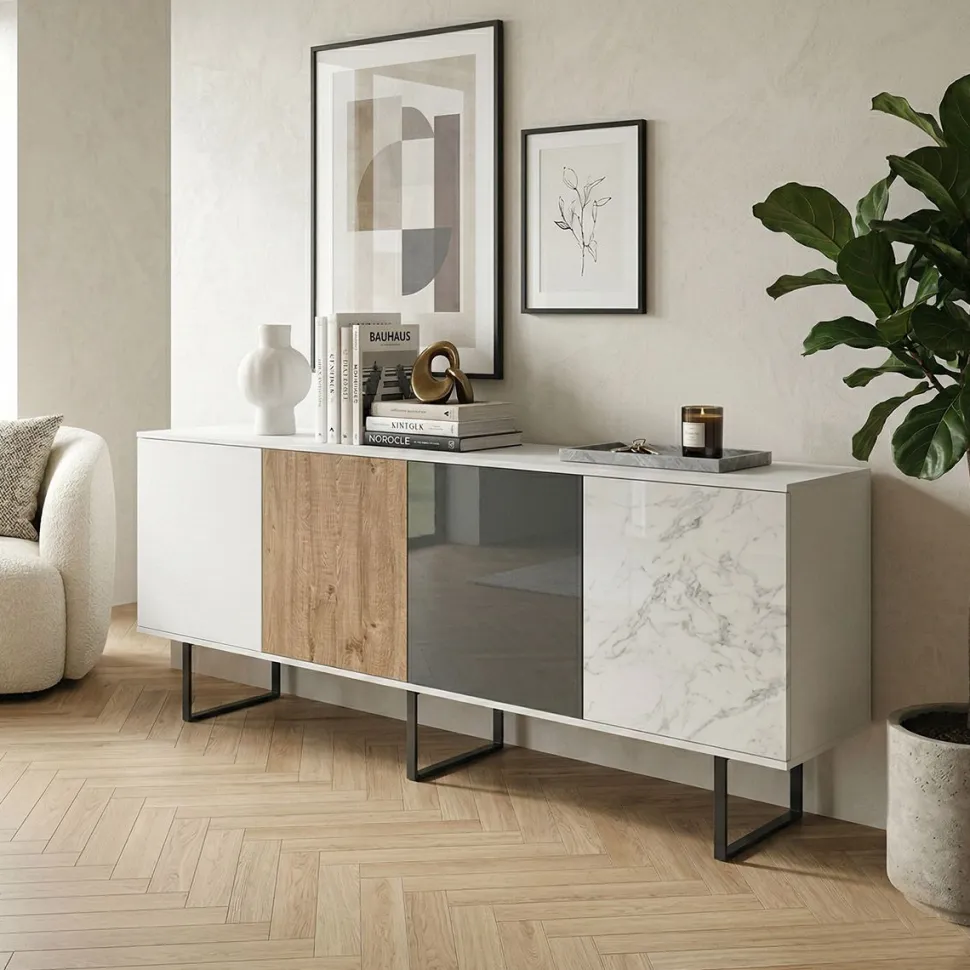 Madia Amber con Ante in Vetro - Linea Alba (Rovere Nordico, Bianco Calce e Marmo)
