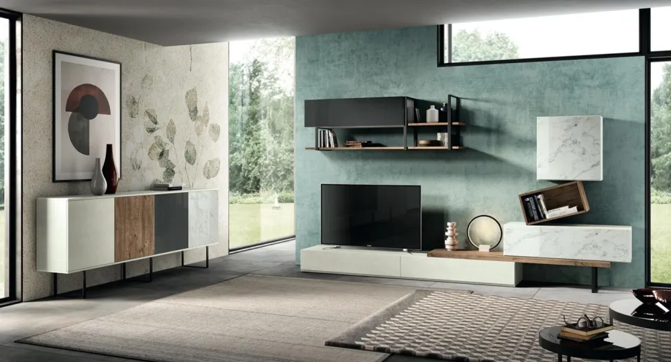 Madia Amber con Ante in Vetro - Linea Alba (Rovere Nordico, Bianco Calce e Marmo)