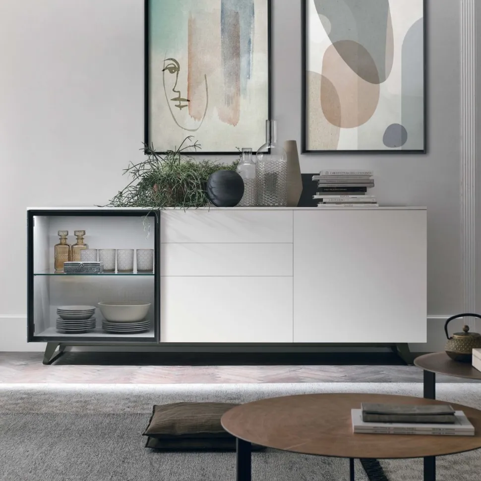 Madia 1 anta in legno,1 anta in vetro e 3 cassetti Metropolis linea Nais disponibile in vari colori