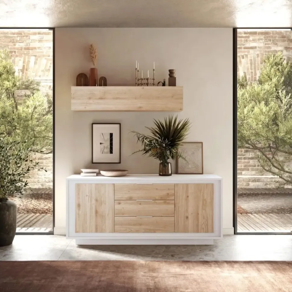 Madia 2 ante battenti e 3 cassetti linea Pear in finitura Bianco opaco e Rovere Cadiz