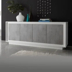 Madia 4 ante battenti linea Beton in bianco laccato opaco e pannelli effetto beton