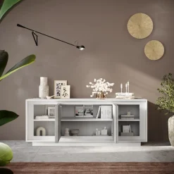 Madia 4 ante battenti linea Beton in bianco laccato opaco e pannelli effetto beton